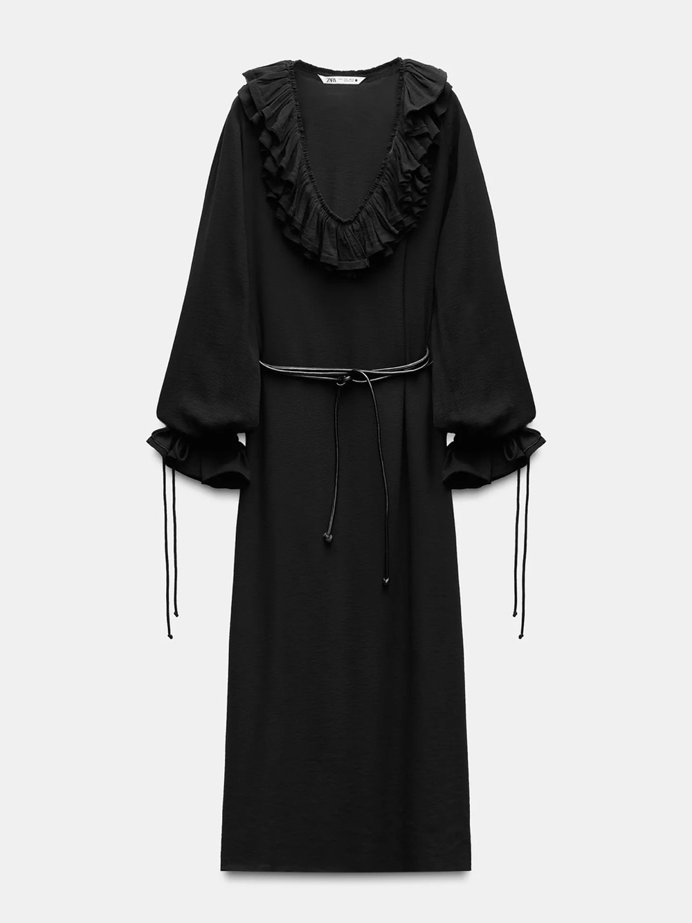 Zara Black Ruffle V-Neck Midi Dress with Tie Belt